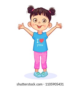 Cute little girl stretches out her arms for hugs. Vector kids image "I love you".