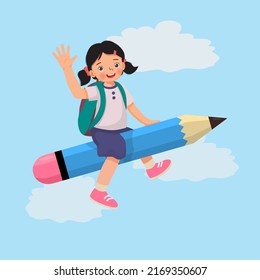 cute little girl student with backpack riding on flying pencil waving hand go to school