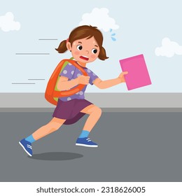 Cute little girl student with backpack running late to school
