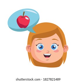 cute little girl student head thinking in apple character vector illustration design