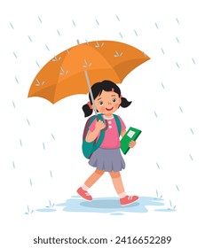 Cute little girl student holding umbrella in the rain going to school