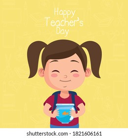 cute little girl student lifting aquarium with teachers day lettering vector illustration design