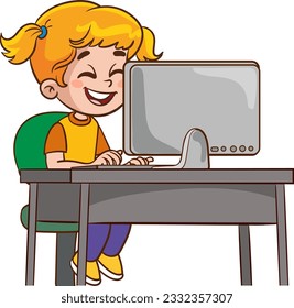 Cute little girl student study using Computer PC at the desk