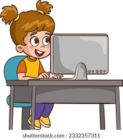 Cute little girl student study using Computer PC at the desk