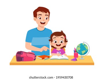 cute little girl study with father at home together