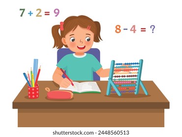 Niña linda estudiar matemáticas de aprendizaje contando con ábaco en el escritorio