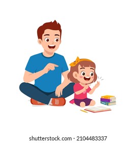 cute little girl study math with father