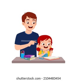 cute little girl study math with father