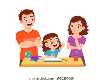 cute little girl study with mother and father at home together