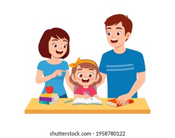 cute little girl study with mother and father at home together