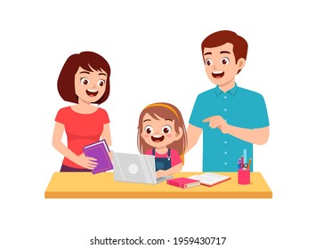 cute little girl study with mother and father at home together