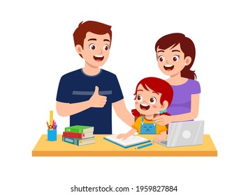 cute little girl study with mother and father at home together