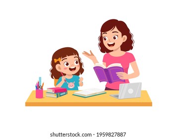 cute little girl study with mother at home together