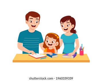 cute little girl study with mother and father at home together