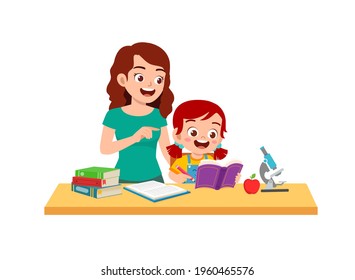Cute Little Girl Study Mother Home Stock Vector (Royalty Free ...
