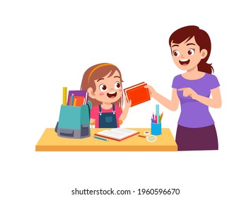 cute little girl study with mother at home together