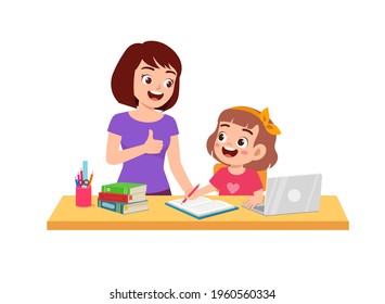 cute little girl study together with mother at home