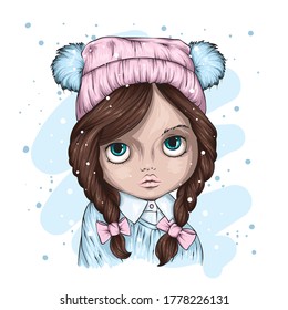 Cute little girl in a stylish winter hat and sweater. New Year and Christmas, clothes and accessories. Vector illustration.