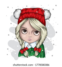 Cute little girl in a stylish winter hat and sweater. New Year and Christmas, clothes and accessories. Vector illustration.