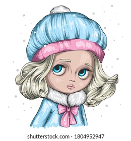 Cute little girl in a stylish winter hat and sweater. New Year and Christmas, clothes and accessories. Vector illustration.