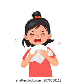 Cute little girl suffering from flu or cold allergy symptom sneezing on a handkerchief or tissue paper.