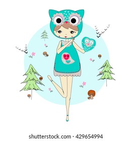 Cute little girl in a suit of own with a toy. Character design illustration. Forest background. Halloween. Masquerade. Print for children. Background for kids