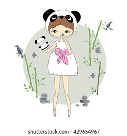 Cute little girl in a suit of panda with a toy and bamboo elements. Character design illustration. Halloween. Masquerade. Print for children. Background for kids