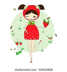 Cute little girl in a suit of strawberry with a toy. Character design illustration. Forest background. Halloween. Masquerade. Print for children. Background for kids