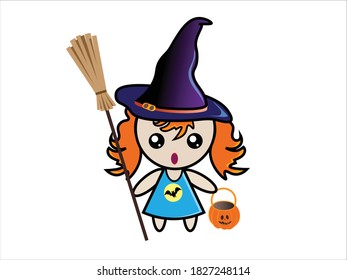 Cute little girl in suit of witch stands with a broom and pumpkin isolated on white background. Vector drawing for Halloween design.