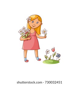 Cute little girl in summer dress picking flowers on the field, flat cartoon vector illustration isolated on white background. Hand drawn cartoon little girl picking flowers in spring, summer garden