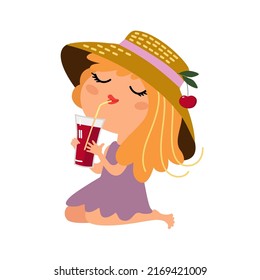 Cute little girl in summer hat drinking juice. Happy kid sitting and holding glass of fresh cherry juice or smoothie. Cartoon female child, hand drawn vector illustration, isolated. Flat design  