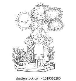 cute little girl with sun kawaii in the landscape