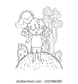 cute little girl with sun kawaii in the landscape
