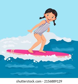 Cute little girl surfer riding on surfboard on sea wave in summer vacation