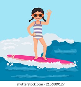 Cute Little Girl Surfer Sunglasses Waving Stock Vector (Royalty Free ...