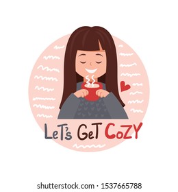 Cute little girl in sweater and holding a cup of hot drink. Child and comfort during the cold season. winter or autumn cartoon vector illustration