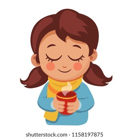 Cute little girl in sweater and scarf holding a Cup of hot drink. Child and comfort during the cold season. winter or autumn cartoon vector illustration