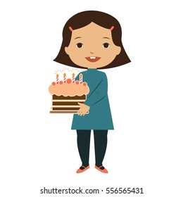 Cute little girl with sweet cake. Cartoon child keeps birthday pie.