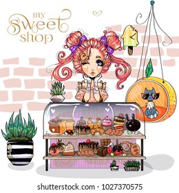 Cute little girl at sweet-shop, young woman love sweet dessert, confectionery bakery cafe, anime style cartoon character comics girl portrait, vector illustration art