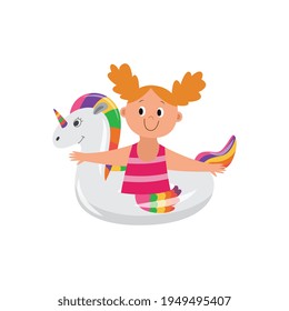 Cute little girl swimming with floating lifebuoy ring flat vector illustration.