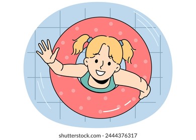 Cute little girl swimming in pool in round floating lifebuoy. Happy child have fun swim in life preserver enjoy summer holidays. Vector illustration.
