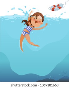 Cute little girl in swimsuit is cramping. Children are drowning the deep sea. Efforts above water. Shock and panic. Ask for help. Rubber tires are thrown to save lives.Dangers, Water Sports and Rescue