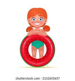 Cute little girl in Swimsuit with Inflatable circle for swimming. Cartoon Vector Illustration in 3D style
