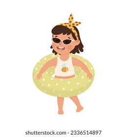 Cute little girl in swimsuit with lifebuoy. Happy kid playing on beach outdoors cartoon vector illustration
