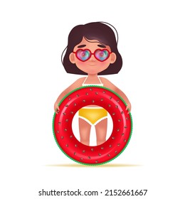 Cute little girl in Swimsuit and sunglasses, with Inflatable circle for swimming. Cartoon Vector Illustration in 3D style