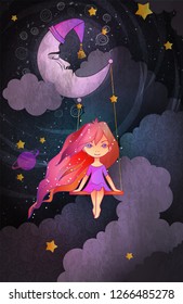 Cute little girl swinging on a crescent in front of night sky. Insomnia concept. Cartoon style vector illustration