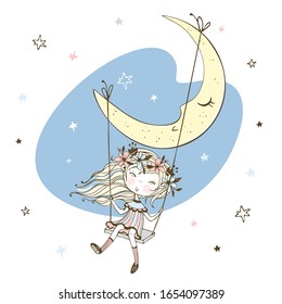 Cute little girl swinging on a swing on the moon. Vector.