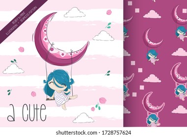 Cute little girl is swinging on the moon illustration for kids