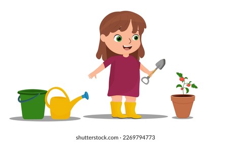 linda niña se encarga de los tomates. granjero, jardinero. Muchacha, tomate en una olla, lata de agua, cubo, espátula. vector