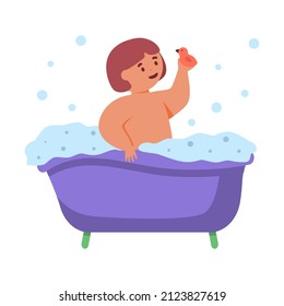 Cute little girl taking bath full of soapy foam.